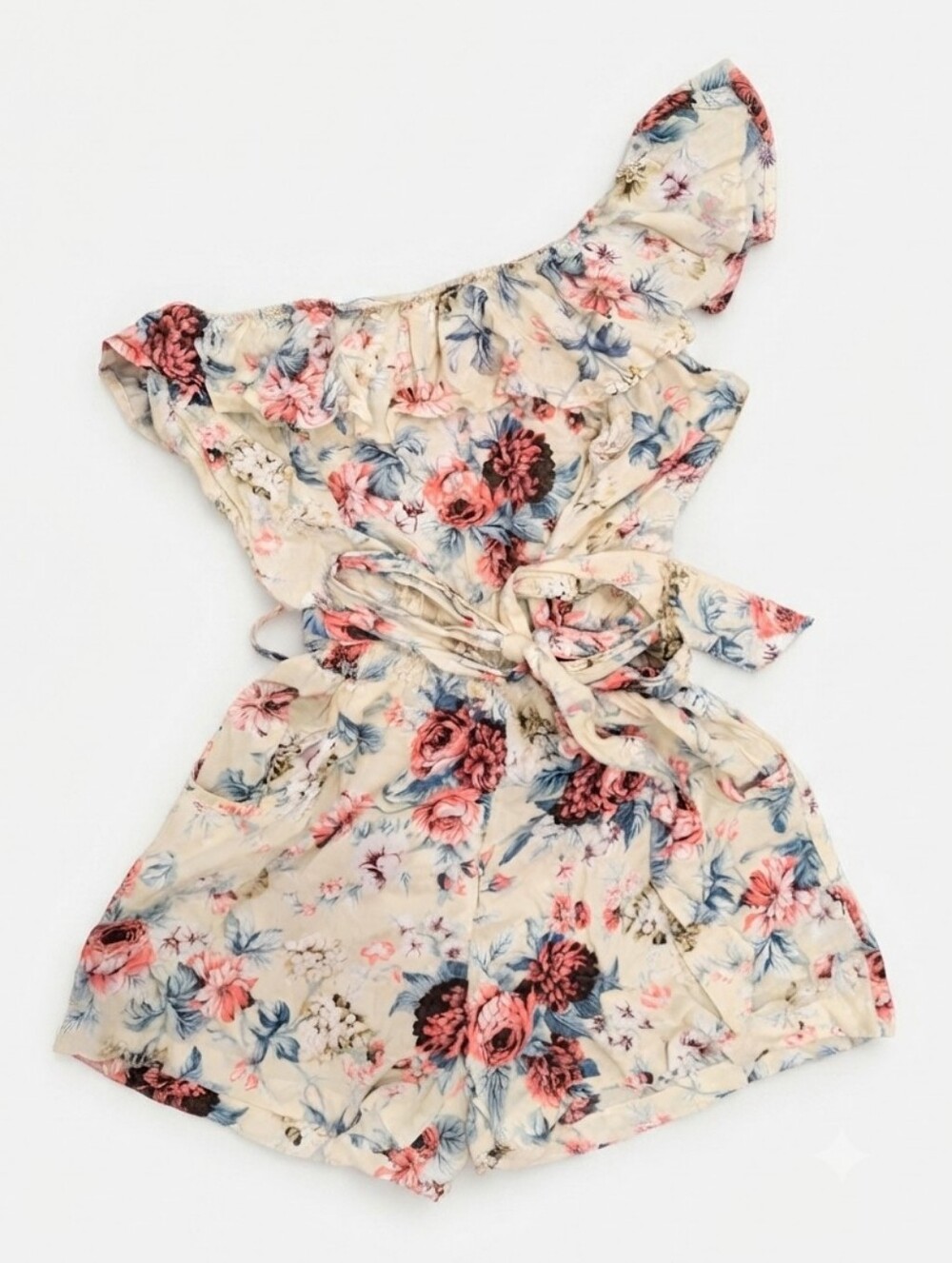 a'gaci Cream One-Shoulder Floral Romper with Pink & Blue Flowers